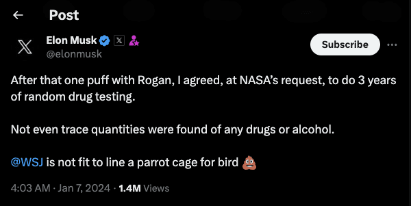 musk x post about drug test